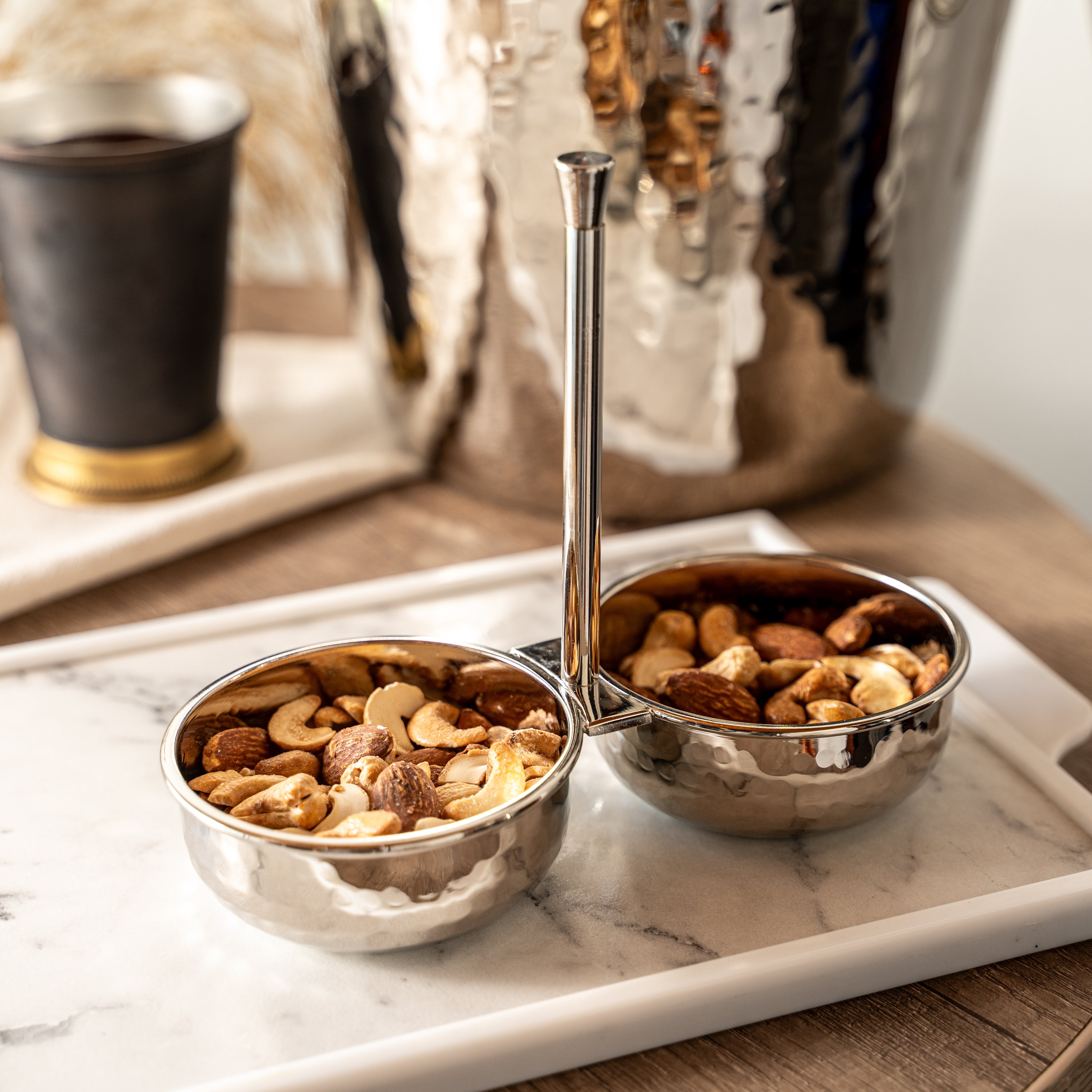 Handcrafted Copper Double Bowl Stand, Color Chrome